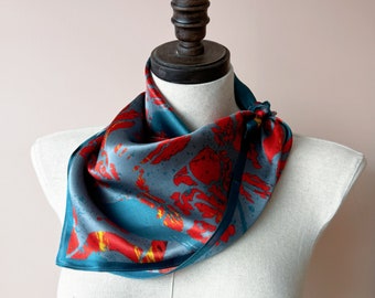 100% Silk Neck Scarf, Pure Silk Bandana Blue Red, Square Silk Neckerchief, Silk Head Scarf, Modern Silk Scarf | | Fleur d'Eve by Econica