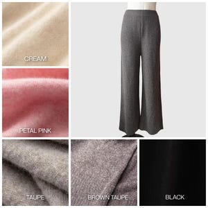 May include: Wide-leg knit trousers in five colours: cream, petal pink, taupe, brown taupe, and black. The trousers are made from a soft, comfortable fabric and have a relaxed fit.
