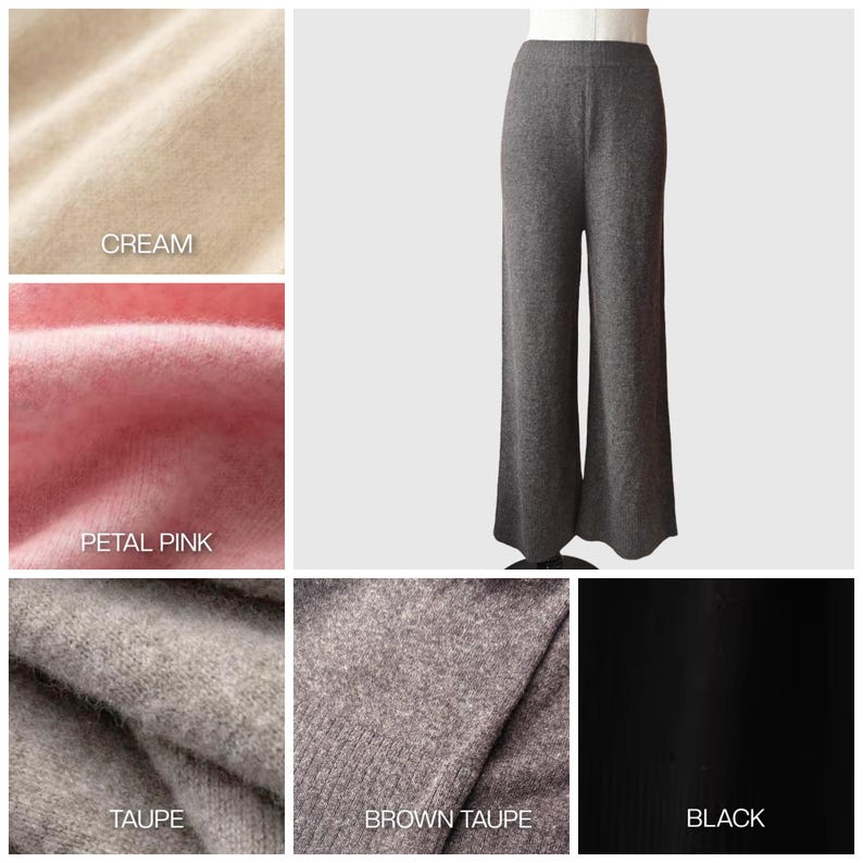 May include: Wide-leg knit trousers in five colours: cream, petal pink, taupe, brown taupe, and black. The trousers are made from a soft, comfortable fabric and have a relaxed fit.