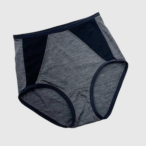 May include: Gray and black underwear with a high-waisted cut and a contrasting black panel.