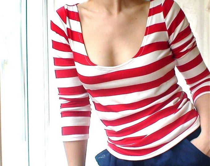 Cotton Stripe Long Sleeve Top - Redwhite