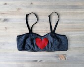 Custom made cashmere bralette, cashmere underwear, grey and red heart bra, handmade lingerie shop