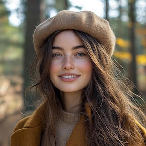 May include: A woman with long brown hair and freckles is wearing a brown beret and a brown coat. She is smiling at the camera.