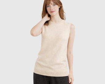 Merino Wool Knit Vest Top: Sleeveless Crewneck Knitwear