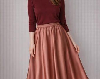 100% Mulberry Silk Satin Flare Maxi Skirt: Elastic Waist, Mid-Calf Length