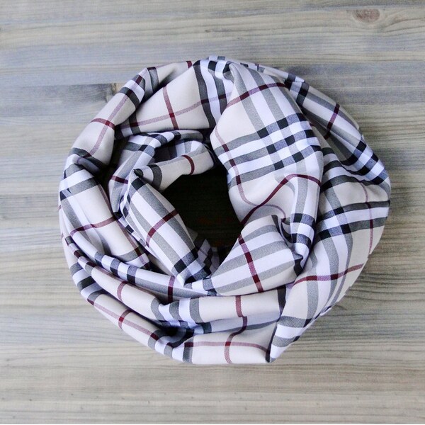 Cotton twill infinity scarf  wrap neck warmer in classic plaid  - plaid circle scarf unisex ready to ship