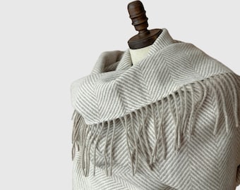 Large Merino Wool Wrap Throw: Herringbone Tassel Shawl