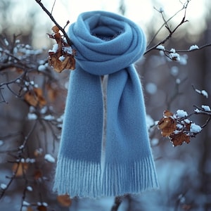 May include: A light blue scarf with fringed edges hangs on a bare winter branch. The scarf is made of a soft, fuzzy material and is perfect for keeping warm in cold weather.