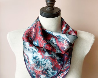 Silk Neck Scarf, Pure Silk Bandana Blue Grey Red, Square Silk Neckerchief, Silk Head Scarf, Modern Silk Scarf | | Fleur d'Eve by Econica