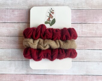 Cashmere scrunchies | Cranberry red and Beige | Set of 3 cashmere ponytail holders | Hair elastic for thin fragile hair