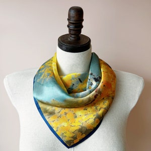 100% Silk Neck Scarf, Pure Silk Bandana Mint Gold, Square Silk Neckerchief, Silk Head Scarf, Modern Silk Scarf | | Fleur d&#39;Eve by Econica