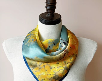 Mulberry Silk Neck Scarf: Mint Gold Garden Print Bandana