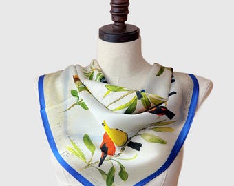 Natural Silk Scarf with Bird Print: Modern Bandana Neckerchief