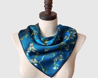 Teal Blue Floral Mulberry Silk Scarf: Square Bandana Neckerchief
