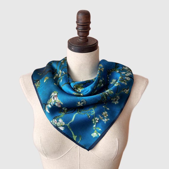 Teal Blue Floral Mulberry Silk Scarf: Square Bandana  display picture 1
