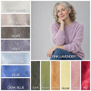 May include: A long-sleeved crew neck jumper in pink lavender, displayed alongside a colour palette chart featuring soft white, natural, taupe, grey, light blue, blue, dark blue, olive, avocado, caramel, yellow, pink, and red fabric swatches.