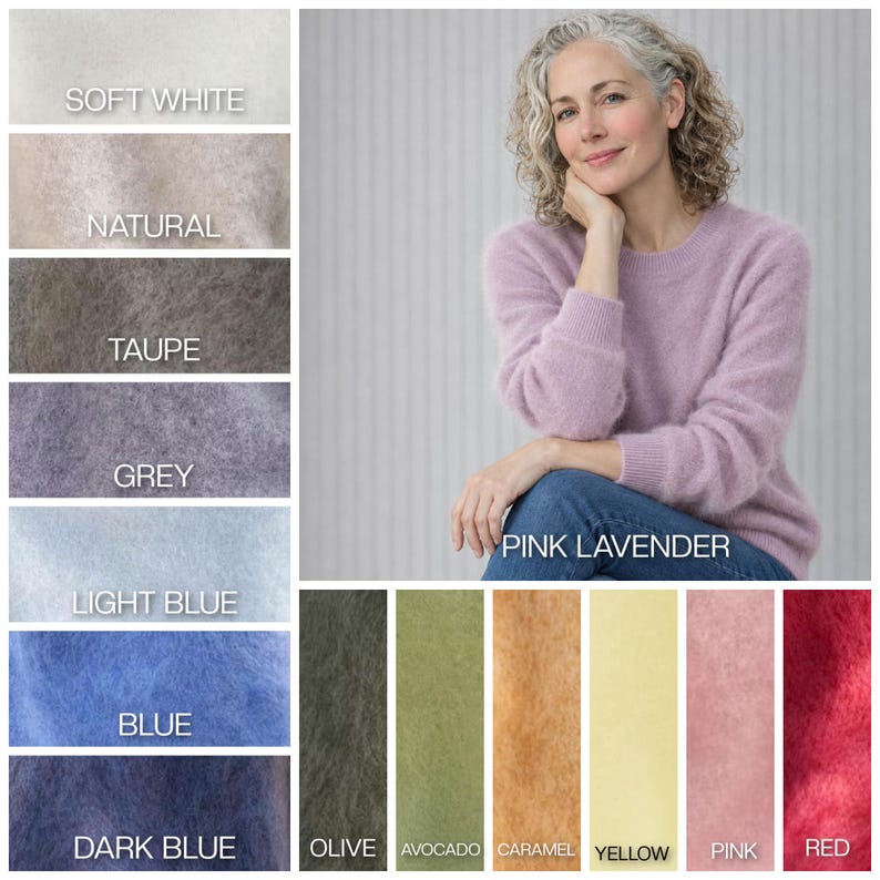 May include: A long-sleeved crew neck jumper in pink lavender, displayed alongside a colour palette chart featuring soft white, natural, taupe, grey, light blue, blue, dark blue, olive, avocado, caramel, yellow, pink, and red fabric swatches.