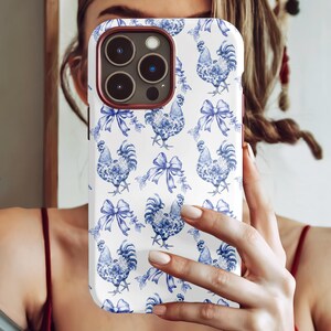Coquette Bow Chicken Phone Case, Blue Toile iPhone 16 15 14 13 12 11 Pro Max 8 Plus Samsung Galaxy S24 S23 Trendy Phone Case Farm Girl Gift
