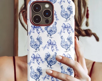 French Vintage Toile de Jouy iPhone Case, Blue and White Floral, Chicken Phone Case, iPhone and Samsung Galaxy Western Coquette Bow
