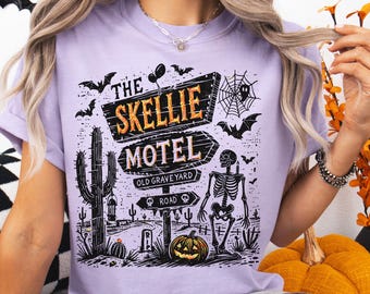 Skellie Motel Halloween Shirt: Retro Skeleton Comfort Colors Tee