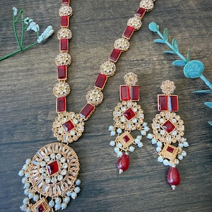 Maroon gold mala set/pakistani long necklace/saree jewelry/indian ruby rani haar/Bollywood desi jewelry/pakistani party wear.
