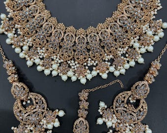Indian semi bridal Polki kundan jewelry set, Pakistani wedding desi jewelry.