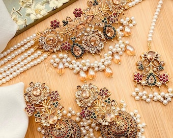 Nauratan gold plated set / Pakistani Indian jewelry/ Bridal Jewelry / Bollywood wedding jewelry