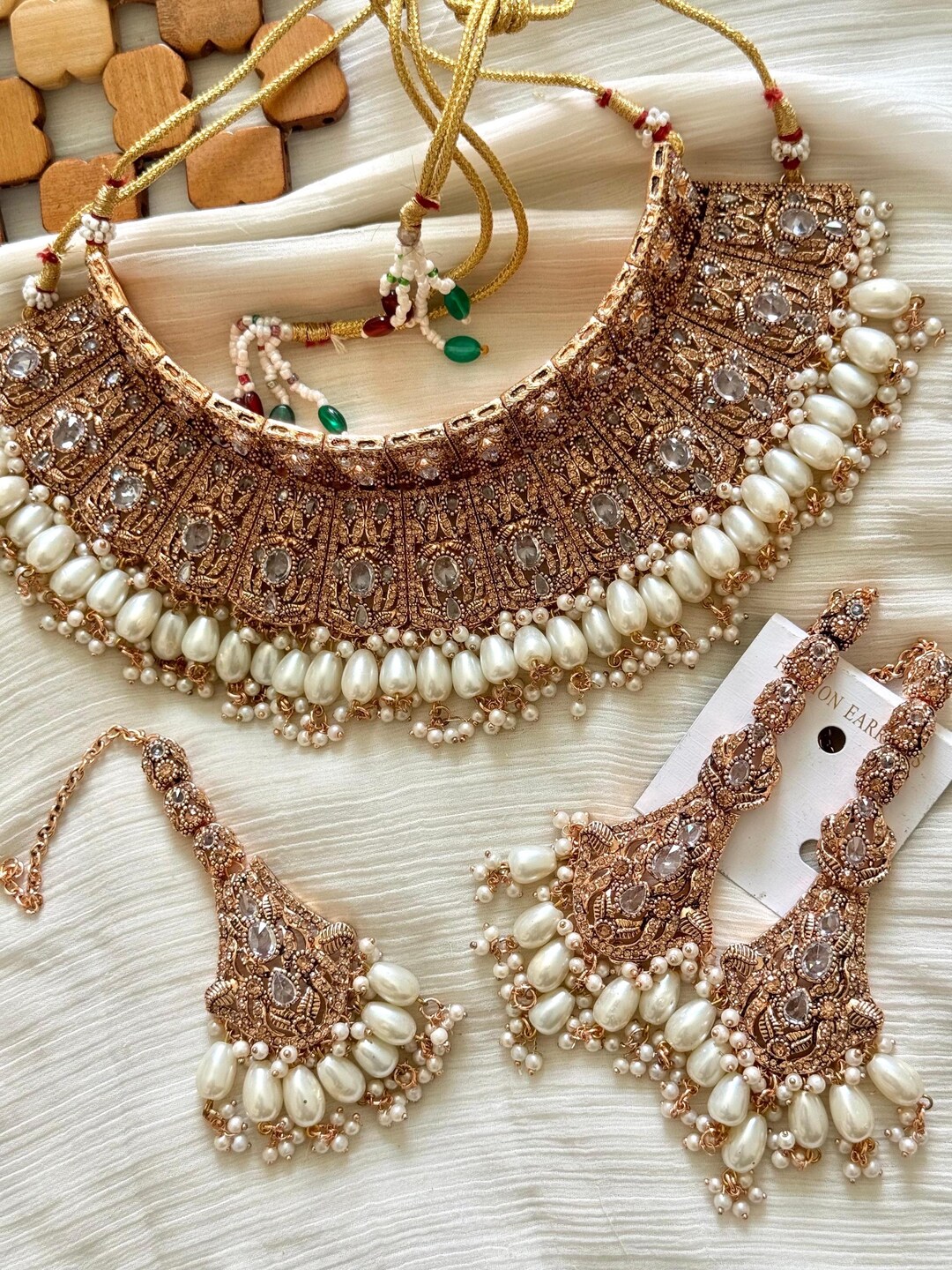 Bridal Gold Plated Set, Gold and White Necklace Set, Pakistani