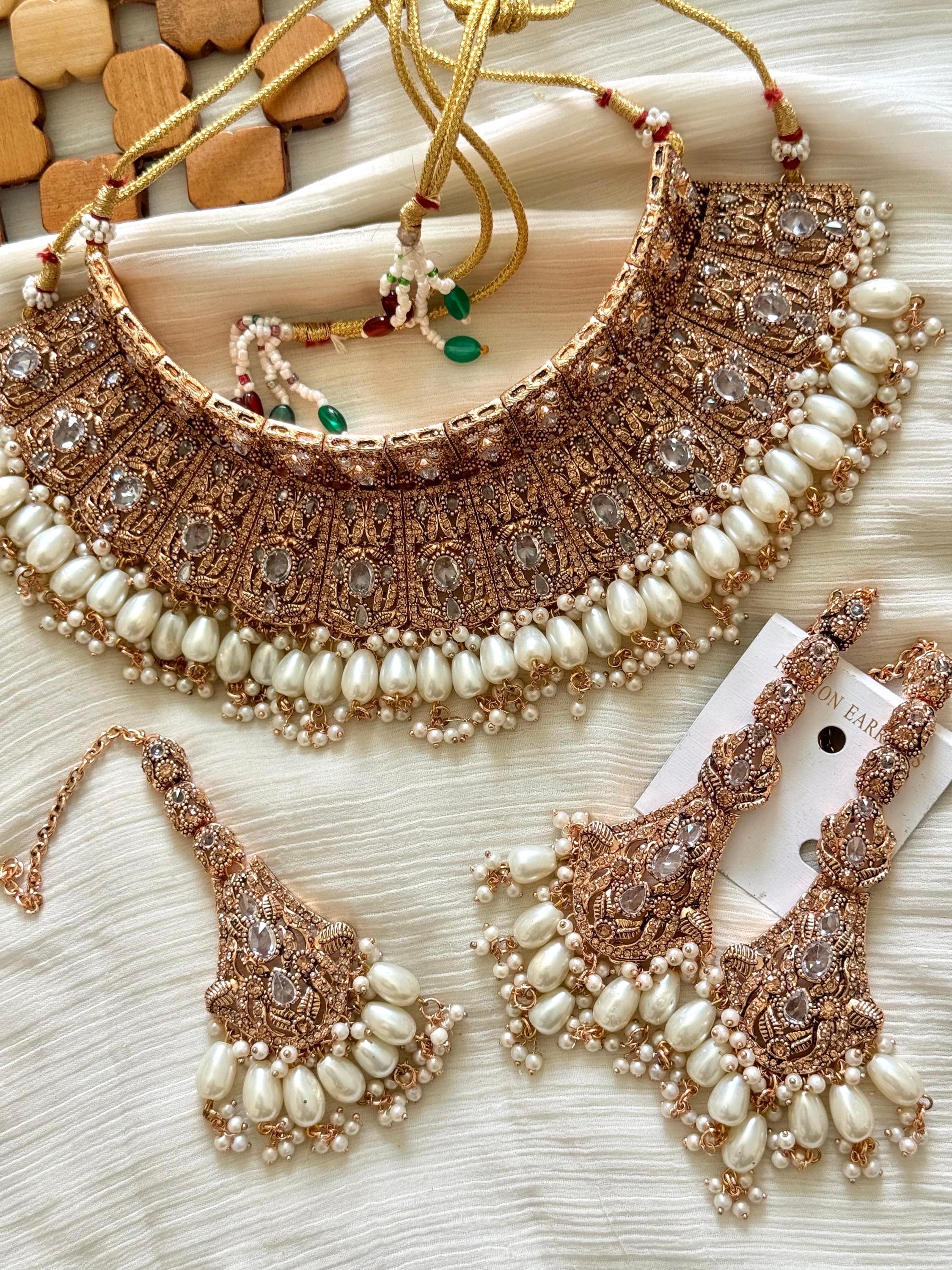 Bridal Gold Plated Set, Gold and White Necklace Set, Pakistani