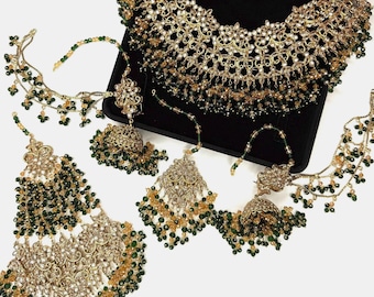 Green gold Pakistani bridal jewelry set, Indian wedding jewelry.