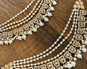 Gold white polki kundan pearl earchain/indian Kaan chain/sahare/ear support chain/pakistani Saharay.