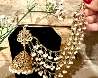 Jhumka set, Pakistani jewelry, Indian jewelry, long Sahara jhumkay, bridal jewelry, desi jewelry, Bollywood wedding jewelry