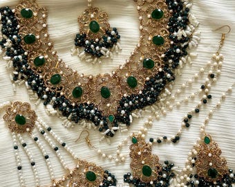 Pakistani green bridal jewelry set, wedding jewelry Indian bridal set, Bollywood wedding jewelry.