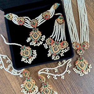 Bridal Gold Plated Nauratan complete set Pakistani Indian jewelry, Bollywood wedding.