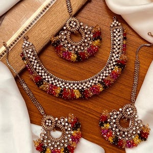 Necklace complete set, Nauratan Pakistani Indian wedding jewelry, Bollywood jewelry