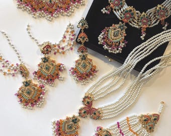 Bridal Gold Plated complete set, Nauratan,  Pakistani Indian jewelry, Indian wedding Bollywood jewelry.