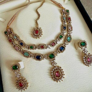 Ad necklace set, American diamond Indian cz, cubic zirconia, Indian Pakistani necklace, Bollywood jewelry. image 2