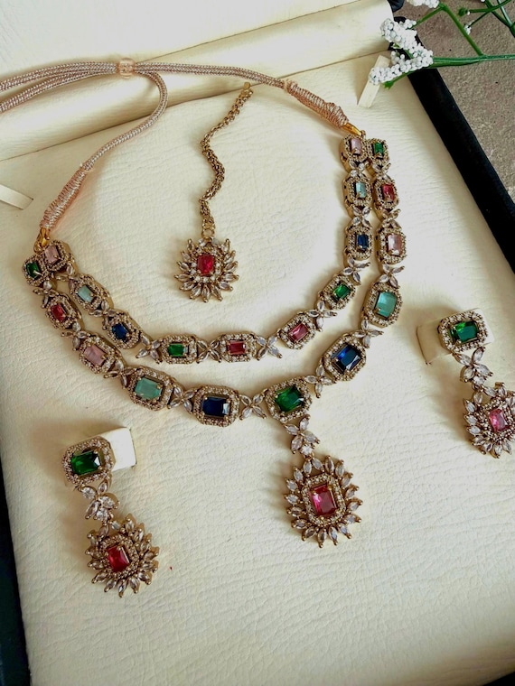 Ad necklace set, American diamond Indian cz, cubic zirconia, Indian Pakistani necklace, Bollywood jewelry.