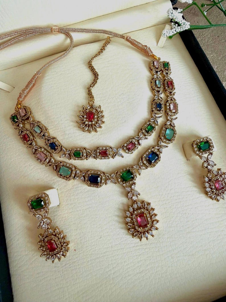 Ad necklace set, American diamond Indian cz, cubic zirconia, Indian Pakistani necklace, Bollywood jewelry. image 2