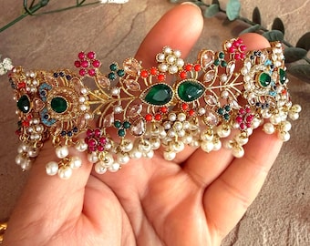 Indian necklace set gold plated, Pakistani Nauratan necklace set, Pakistani jewelry, Indian jewelry, Bollywood jewelry desi wedding jewelry.