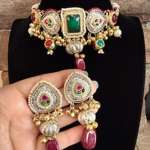 Ruby green doublet Kashmiri choker set pachi kundan/Indian two tone premium statment neckpiece/Pakistani jewelry.