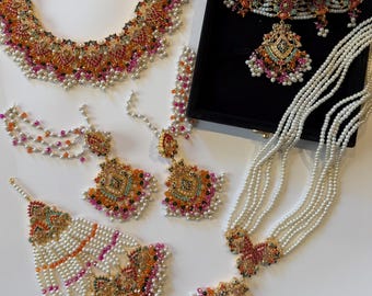 Bridal Gold Plated complete set, Nauratan,  Pakistani Indian jewelry, Indian wedding Bollywood jewelry.