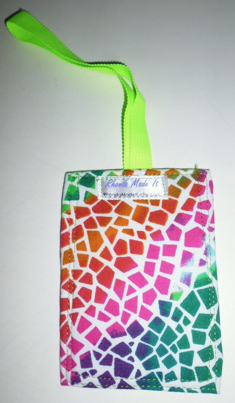 Multicolored Fabric Luggage Tag With Neon Green Strap Etsy