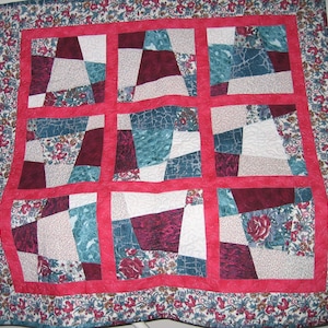 Burgundy, teal, pink and white crazy nine-patch crib or lap quilt