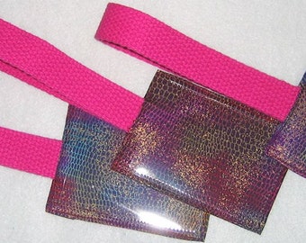 Multi-colored purple snakeskin fabric luggage tag with pink strap