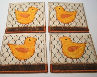 Chicken coasters -- yellow chickens on dirt (set of 4)