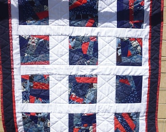 Red, white, and blue crazy quilt (crib or lap)