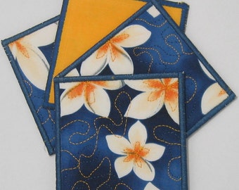 Frangipani coasters (set of 4 - blue trim)