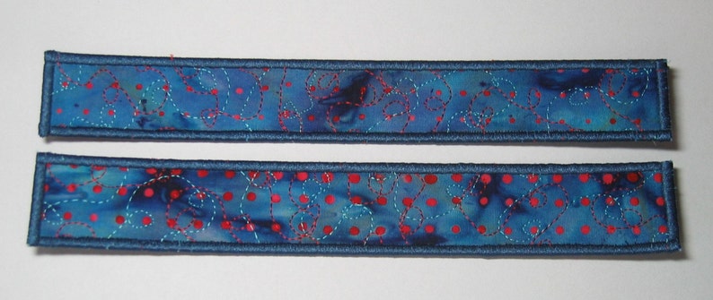 Red spot bookmark on blue batik image 1