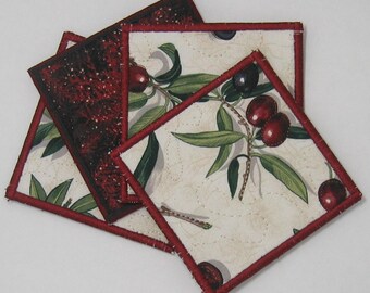 Olive coasters (set of 4 - burgundy trim)